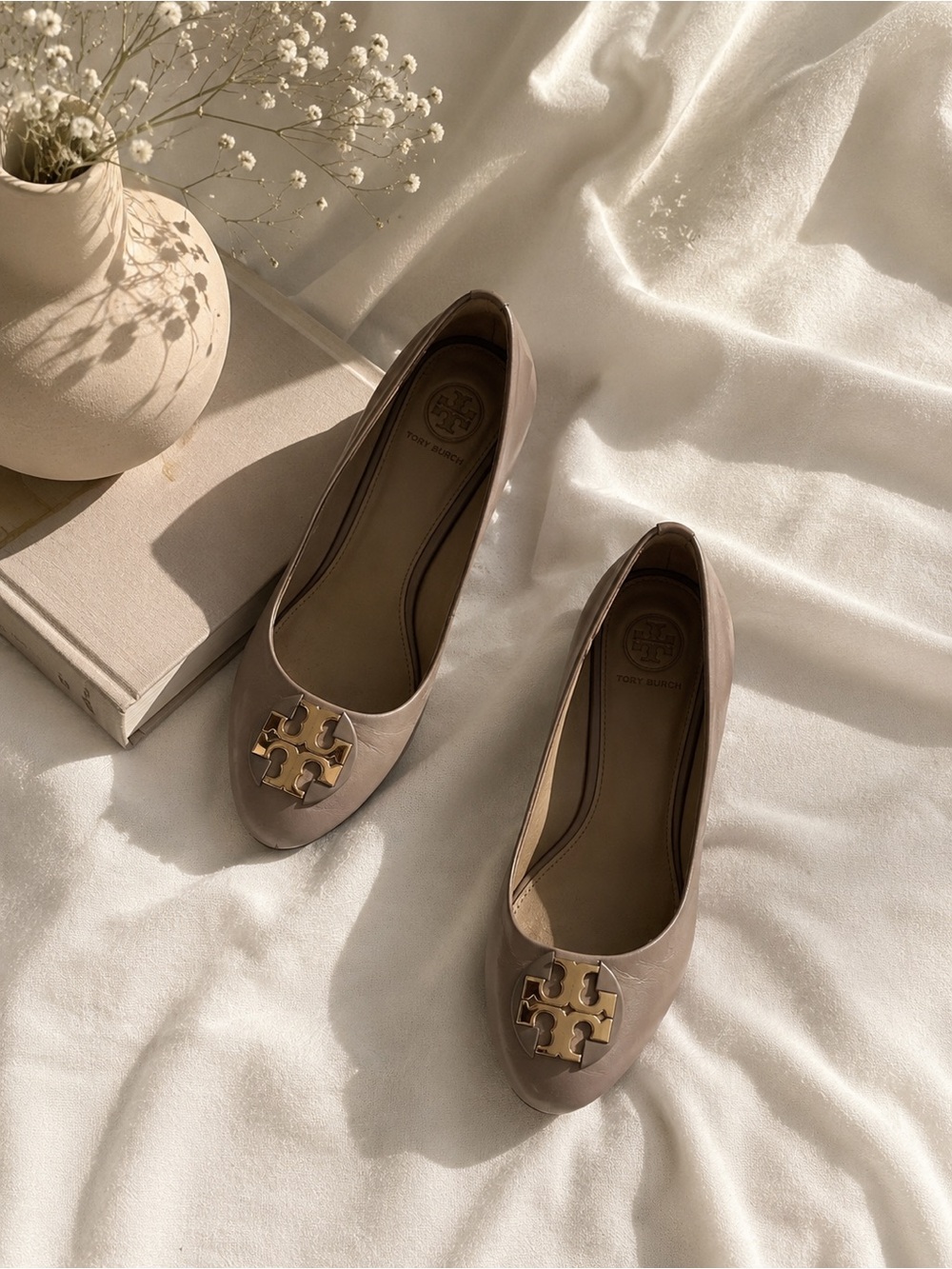 Tory Burch | Luna Taupe Gold-Accent Leather Wedges | 7